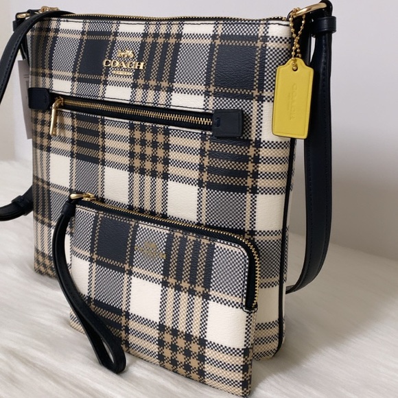 NWT💃Coach Bundle Rowan File Bag With Garden Plaid And Corner Zip Wristlet - Picture 3 of 10